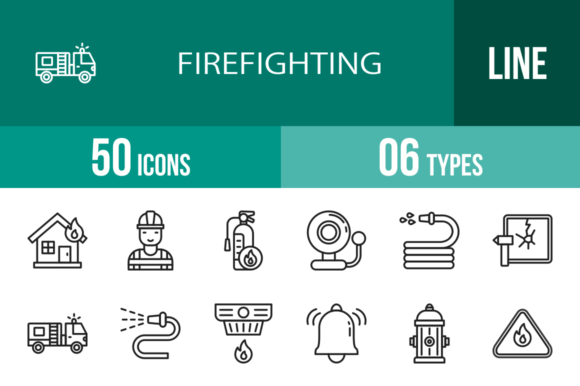 50 Firefighting Line Icons for Design and Branding